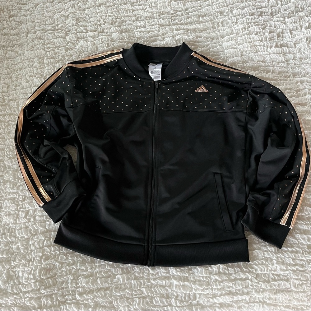 Adidas girls size 14 jacket full zip black and rose gold dot